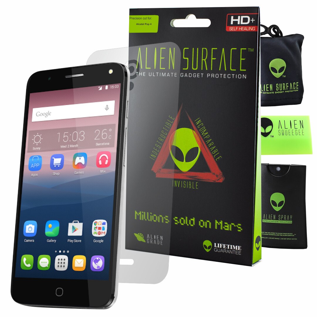 Folie Alien Surface HD, Alcatel Pop 4, protectie spate + Alien Fiber cadou
