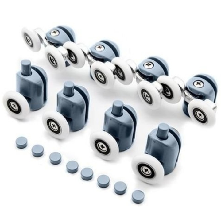 Set 8 roti duble pentru cabina de dus VarioShop®, universale, rulmenti tip easy move, opritori inclusi, diametru 24 mm, Albastru