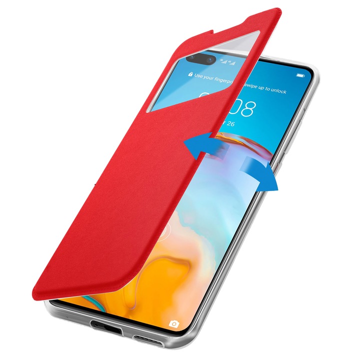 Flip View Case Червен, съвместим с Nokia 6 - Магнитен със стъкло за известия - Материал от еко кожа