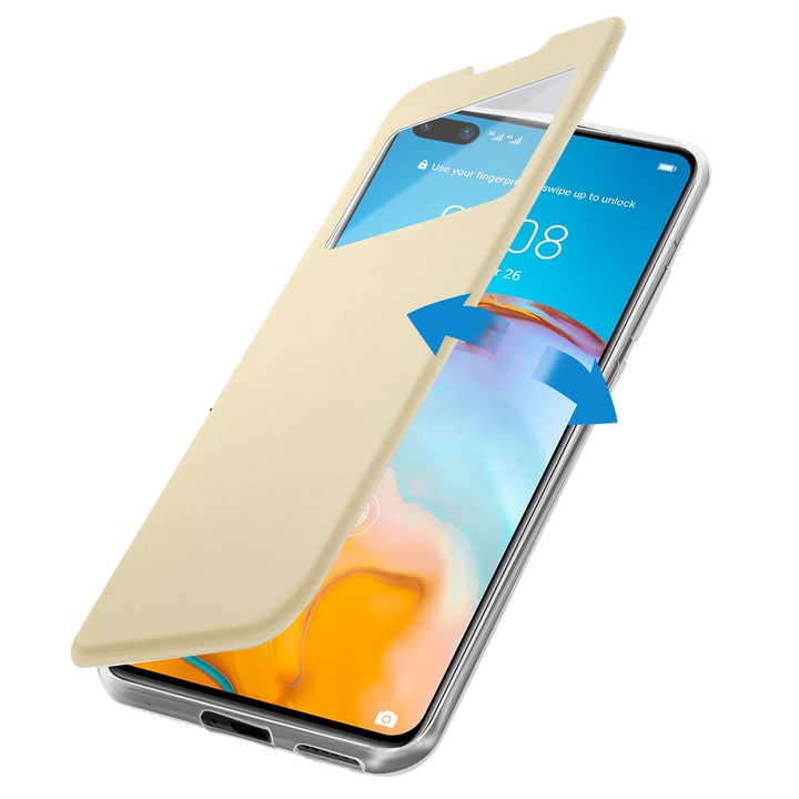 Златен калъф Flip View, съвместим с Nokia 6 - Магнитен със стъкло за известия - Материал от еко кожа
