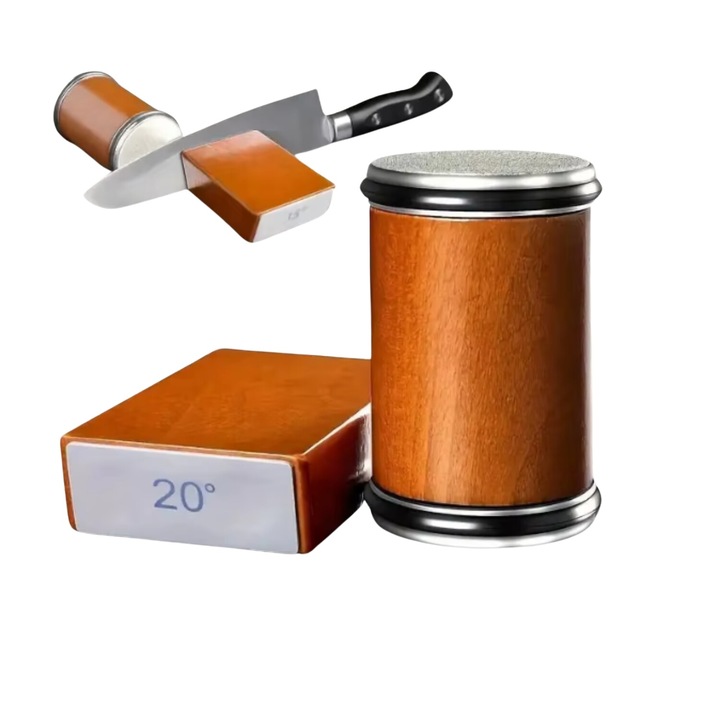Ascutitor Cutite Profesional ANTOSMART, Suprafata Diamond-Coated, Unghiuri Reglabile 15° si 20°, Sistem Magnetic, Tehnologie Tumbler Rolling, Disc Helix Otel Inoxidabil, Compact si Usor de Utilizat, lemn natur si argintiu