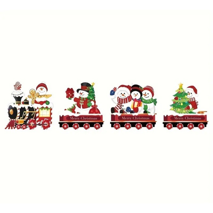 Decoratiune de Craciun, Flippy, pentru Gradina, Tip Trenulet, 4 Figurine + Bete de Infipt in Pamant, din Plastic, Impermeabil, Model Oameni de Zapada, Multicolor