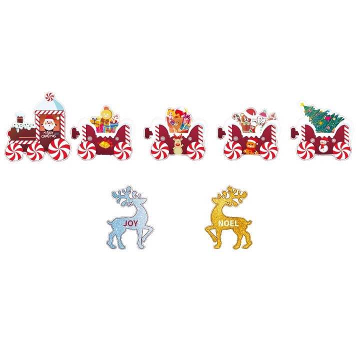 Decoratiune de Craciun, By Fitilomania, pentru Gradina, Tip Trenulet, 7 Figurine + Bete de Infipt in Pamant, din Plastic, Impermeabil, Model Renii Joy si Noel, Multicolor