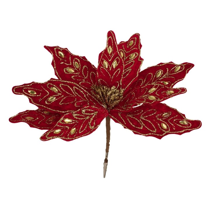 Floare Decorativa Craciunita cu Clips Shopiens® Catifelata Rosie cu Glitter si Cristale, 32 cm