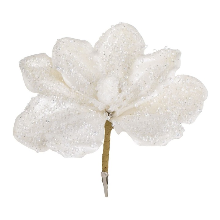 Floare Decorativa Craciunita cu Clips Shopiens® Alba cu Margele Transparente Glitter Alb, 20 cm