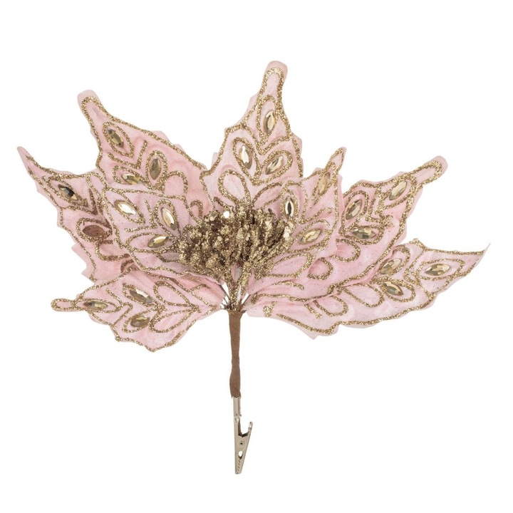 Floare Decorativa Craciunita cu Clips Shopiens® Catifelata Roz cu Glitter si Cristale, 29 cm