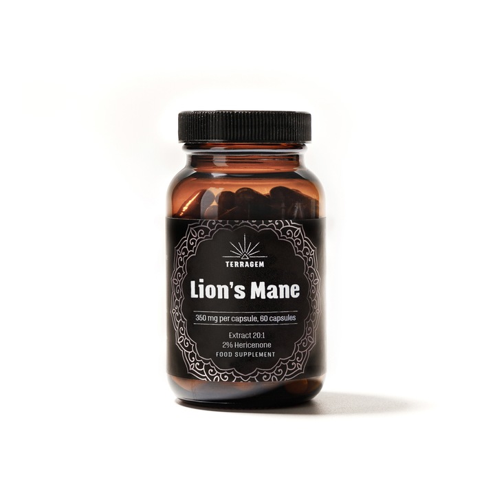 TERRAGEM Kapszulák Lion's Mane-nal, 2% Hericenon, Lion's Mane kivonat, 100% növényi, vegánoknak, koncentrált táplálékkiegészítő, 60 kapszula