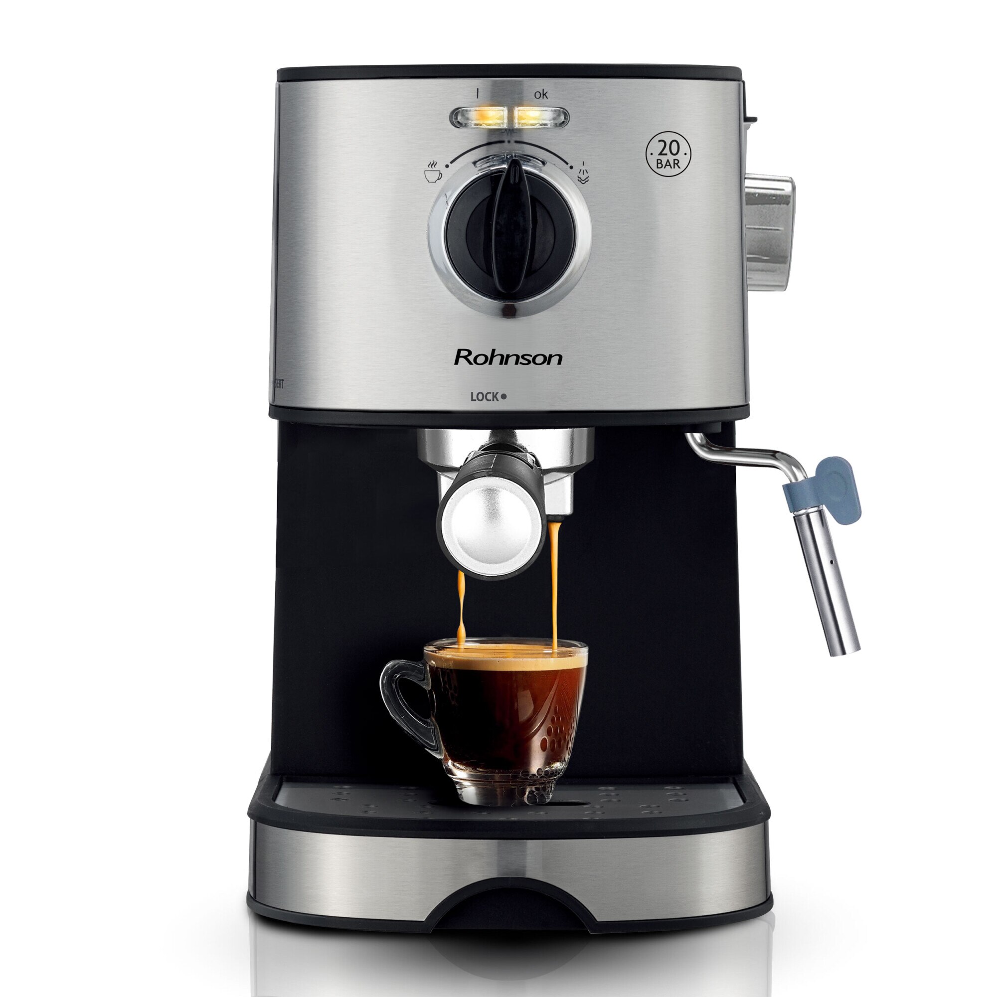 Espressor manual Rohnson R98022, 20 bari, 850 W, 1 L, oprire automata, protectie impotriva supraincalzirii si suprapresiunii, incalzire ceasca