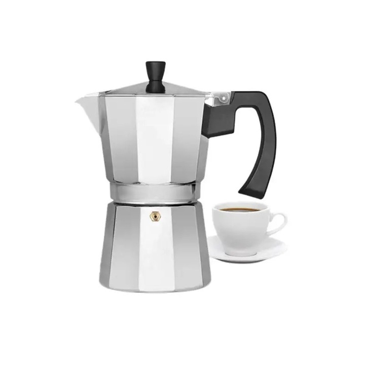 Kávé presszógép, olasz kávéfőző tűzhelyhez és tűzhelyhez, klasszikus, alumínium, 6 csésze kapacitású, ezüst színű