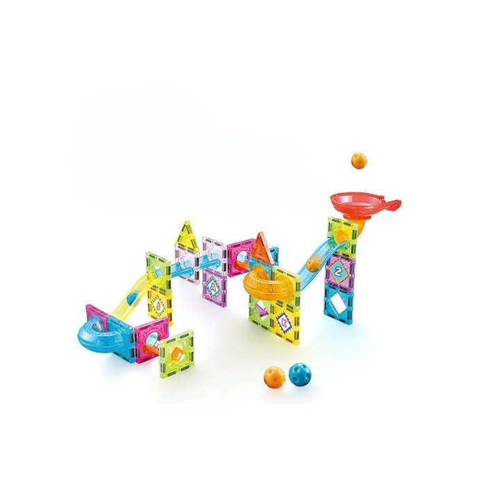 Set de construit cu piese magnetice, jucarii educationale pentru copii, Forme patrate si triunghiuri, Magnetic Tiles, 61 piese