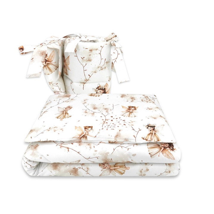 Спално бельо от 3 части, MimiNu, За кошара 120x60 см, Със странична защита, Oeko Tex Standard 100 сертифициран памук, Fairy