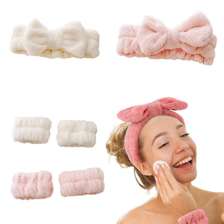 Комплект от 4 ластици за коса/2 ленти за лице, бежово/розово, микрофибър