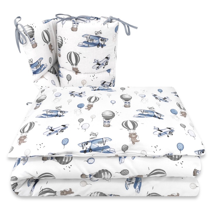 Lenjerie patut cu 3 piese, MimiNu, Pentru patut 120x60 cm, Cu protectie laterala, Din bumbac certificat Oeko Tex Standard 100, Blue Plane