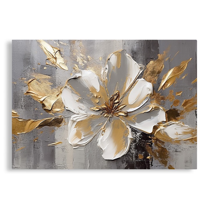 Tablou Canvas, Floral, Aspect de Pictura, Floare cu Tonuri de Gri si Auriu, 70x100 cm