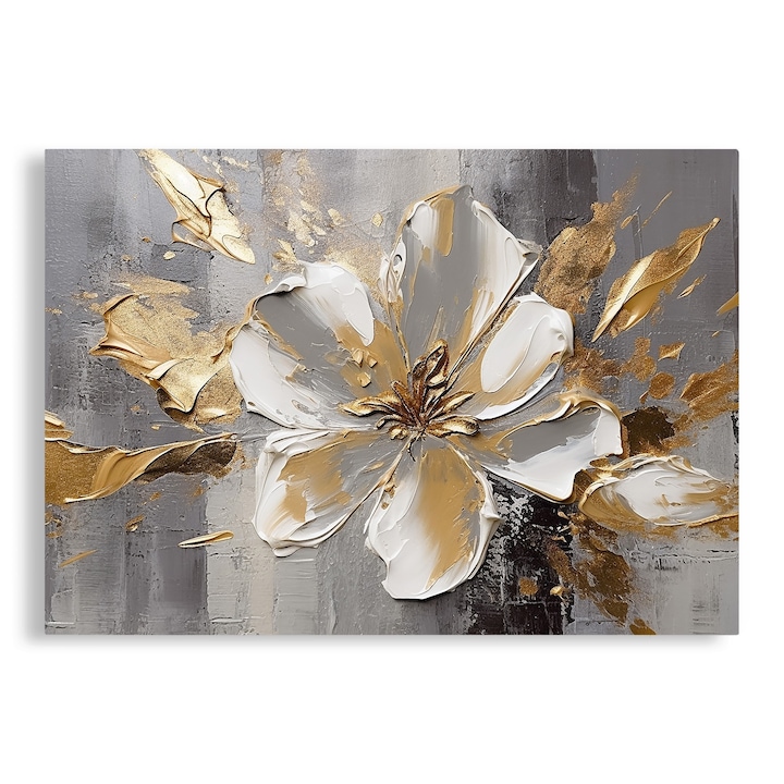 Tablou Canvas, Floral, Aspect de Pictura, Floare cu Tonuri de Gri si Auriu, 70x100 cm