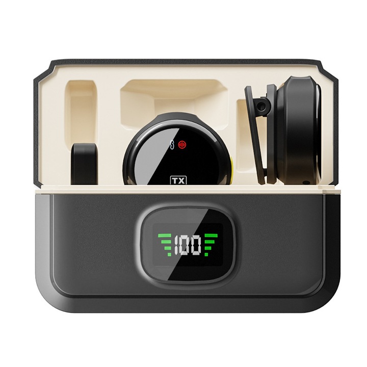 Microfon Lavalier fara fir, Bluetooth 5.1, streaming live in aer liber, anulare inteligenta a zgomotului, 75dB, Type-C, compact si portabil, durata lunga de viata, negru