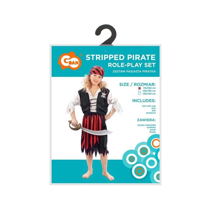 Costum Pirati pentru copii, Godan, 110/120cm, multicolor, include bluza, fusta, curea, bandana