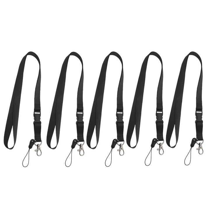 Set 5 Snur pentru Ecuson, SINBINTA, Cu catarama detasabila, Confortabil si moale, Usor de instalat, Pentru telefoane mobile, unitati flash USB, chei si alte lucruri portabile, Nailon/Aliaj de zinc, 53x1.5cm, Negru