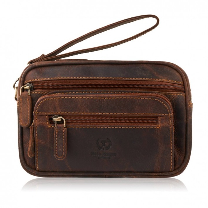 Férfi bőr kézitáska, Paolo Peruzzi, bronz, 5 zseb, 14x20x4cm