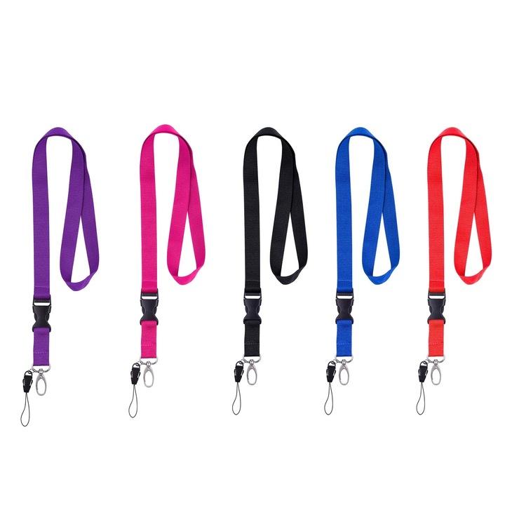 Set 5 Snur pentru Ecuson, SINBINTA, Cu catarama detasabila, Confortabil si moale, Usor de instalat, Pentru telefoane mobile, unitati flash USB, chei si alte lucruri portabile, Nailon/Aliaj de zinc, 53x1.5cm, Multicolor