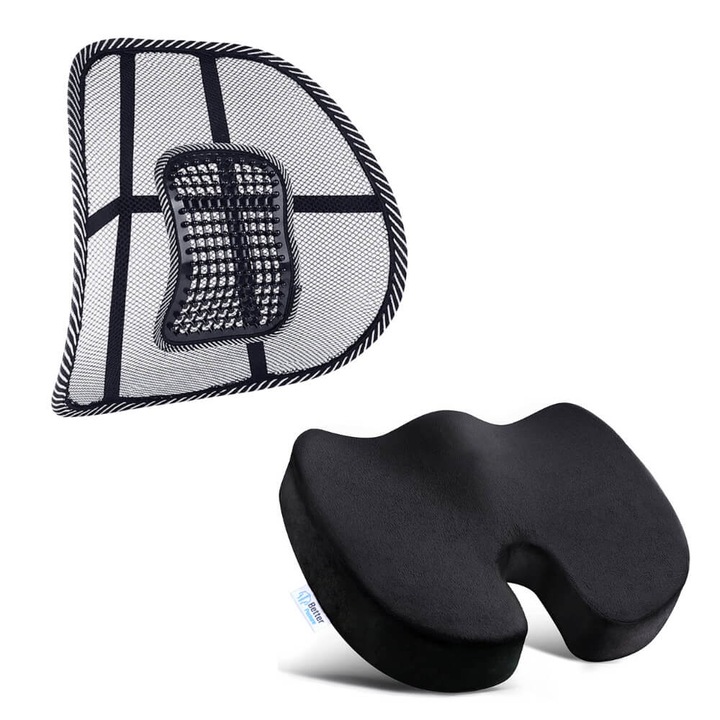 Pachet perna ortopedica pentru sezut din spuma cu memorie Better Posture Lite si suport lombar pentru scaun auto sau de birou Better Posture Lite, Greutate sub 80kg