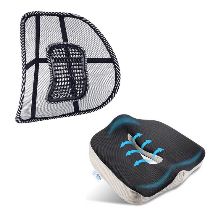 Pachet perna ortopedica pentru sezut din spuma cu memorie Better Posture Premium si suport lombar pentru scaun auto sau de birou Better Posture Lite