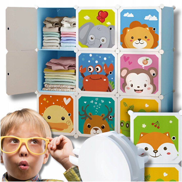 Dulap modular, Pentru copii, 9 module, Albastru/roz/alb, Ideal pentru jucarii si haine, Set 33 panouri, 9 usi cu basm, 32 colturi, 9 incuietori