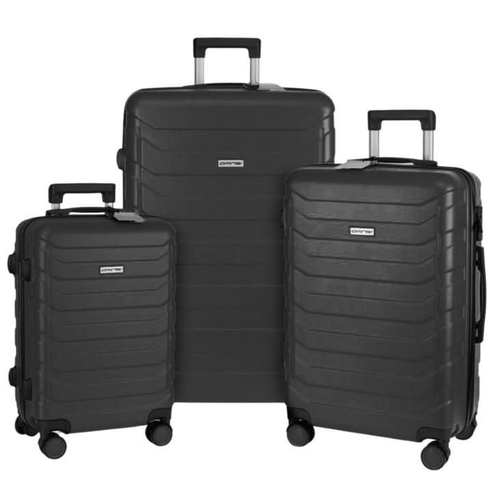 Комплект от 3 самолетни куфара, Omna, 94/63/40 L, 38x24x57/44x27x67/49x30x76 см, ABS, Код, Телескопична дръжка, Кодово заключване, TSA код, 4 въртящи се колела с въртене на 360°, Твърд калъф, Ремъци за фиксиране багаж, черен