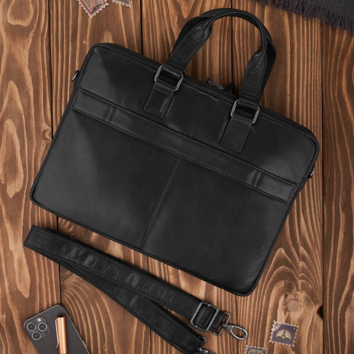 Geanta de laptop pentru barbati, Paolo Peruzzi, model AL-09, piele naturala, negru, 30x40x5cm