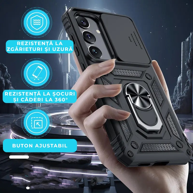 Husa pentru Samsung Galaxy S25 FE DaDen Hybrid Armor Kickstand, Slider Camera, Antisoc, Protectie Superioara, Negru
