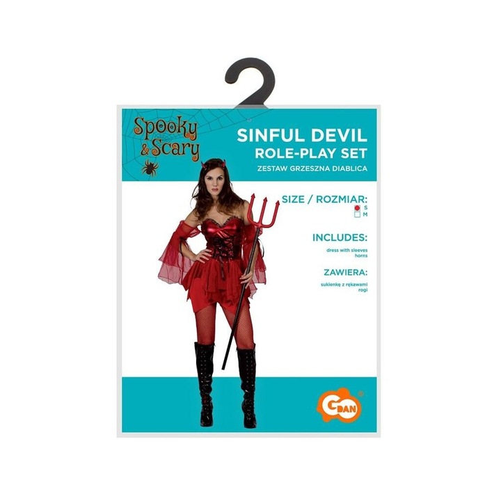 Costum de Halloween pentru femei, Godan, negru/roșu, mărimea S, include rochie cu mâneci și coarne, poliester