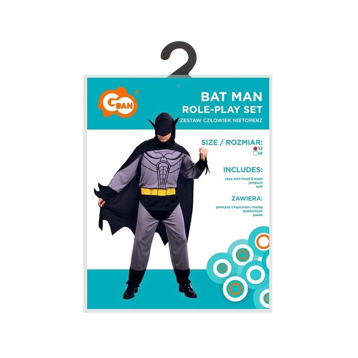 Felnőtt Batman jelmez, Godan, poliészter, fekete-szürke, 52-es méret, köpennyel és maszkkal