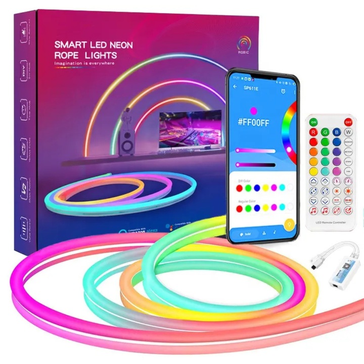 Neon RGBIC LED szalag, rugalmas Wi-Fi intelligencia, alkalmazásvezérlés, állítható színes fény, IP67, Amazon Alexa / Google Assistant hangvezérlés, 84 LED/m - 3 m
