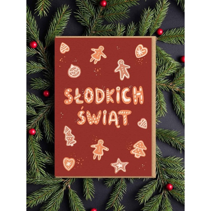 Felicitare de Craciun SLODKICH SWIAT, Nadwyraz, 12x17cm, cu tema de turta dulce, set cu envelopa