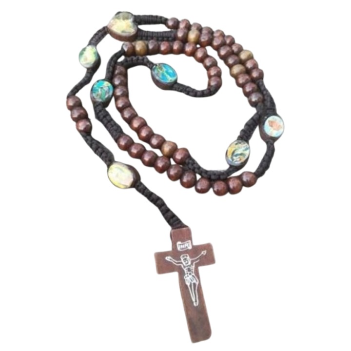 Fa gyöngy rózsafüzér szentképes imalánc, sötétbarna, 8mm-es