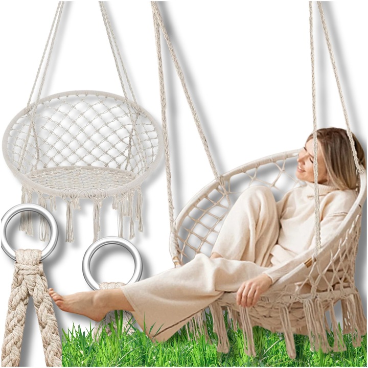 Fotoliu Balansoar Suspendat, Omna, Stork'S Nest, Durabil, Structura Din Otel, Design Ergonomic, Negru, Bej, Gri, Inaltimea Totala A Bratului: 1, 5 M, Inaltime Totala Fara Ciucuri: 120cm, Latime Totala: 80cm