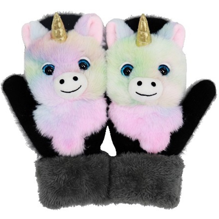 Manusi de Plus pentru Copii, OPTIM SOLUTION, cu Umplutura de Bumbac, de Iarna, Joaca in Zapada, Protectie Termica, cu Un Singur Deget, Model Animat Unicorn, Warm Winter Gloves, Design Jucaus, All Day OptimForm, 24 x 20 x 3 cm, Multicolor