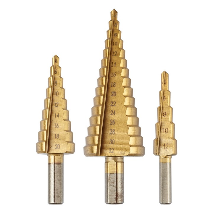 Set wiertla stopniowe Graphite 3 piese 4-12x4-32mm, material HSS TiN