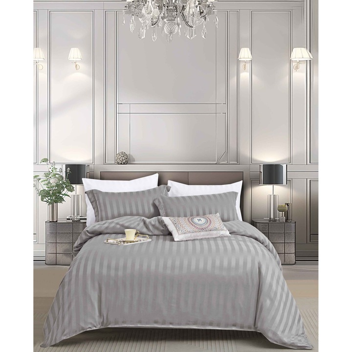 Lenjerie de pat, Damasc, 1 persoana, 4 piese, Uni, cearsaf cu elastic 140x200 cm, cearceaf de pilota 160x200 cm, 2 fete de perna 55x80cm, Gri