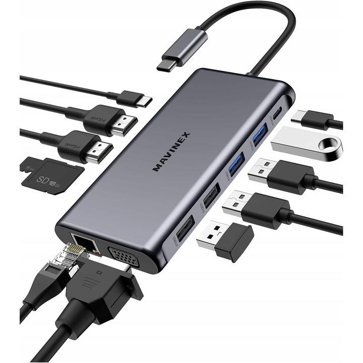 Хъб USB-C Luka 12 в 1, 2XHDMI, VGA, 4XUSB-A, Gigabit Ethernet, SD/TF