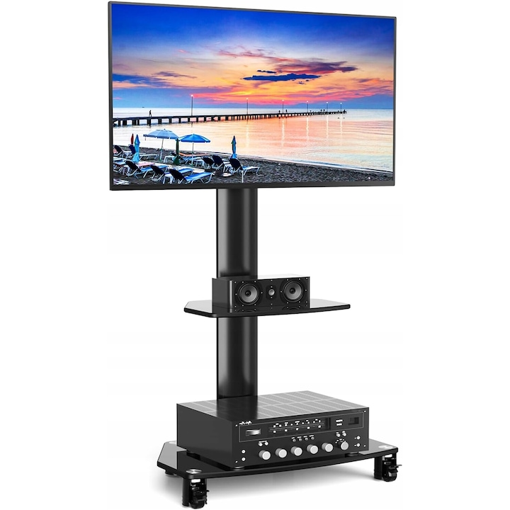 Поставка за телевизор Luka, 2 рафта, 27-65 инча, черна, 50 кг, VESA 400x400, 60x40x133,5 см, Мобилна