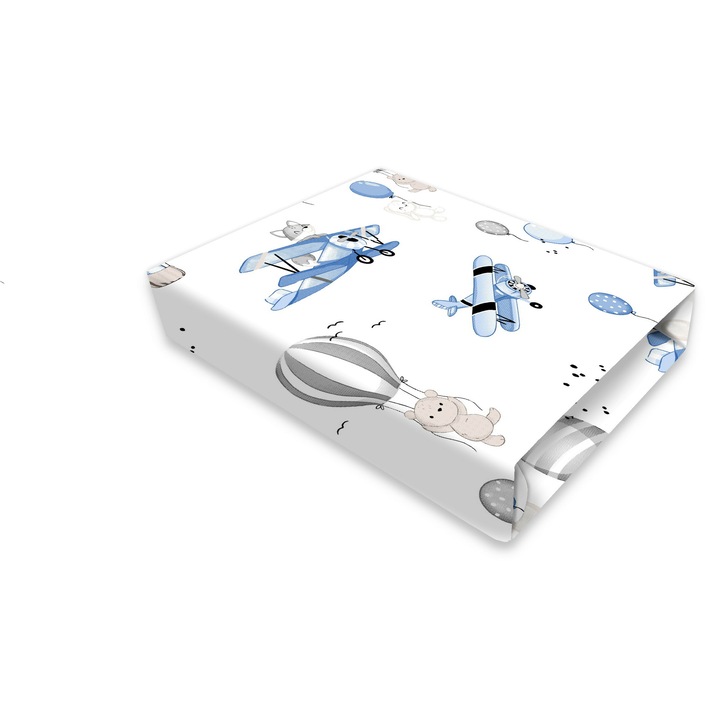 Cearceaf cu elastic, MimiNu, Pentru patut 120X60 cm, Din bumbac certificat Oeko Tex Standard 100, Blue Plane
