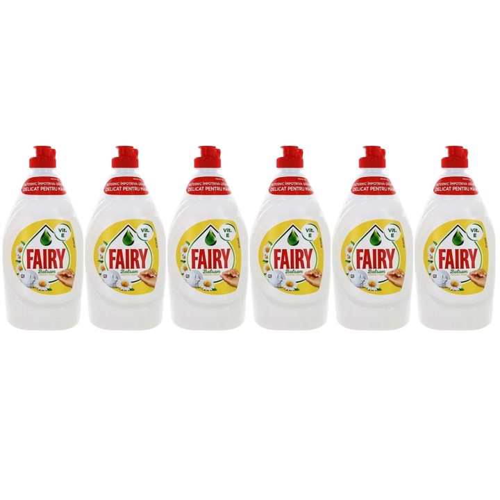 Set 6 x Fairy Detergent Vase Lichid 400ml Chamomile, fresh aroma, parfum floral, distruge calcarul, rapid si eficient, testat dermatologic, prospetime de lunga durata, eficacitate maxima, continut generos, elimina mirosuri neplacute