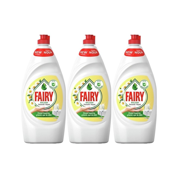 Set 3 x Fairy Detergent Vase Lichid 800ml Sensitive Chamomile, clean aroma, parfum floral, distruge calcarul, rapid si eficient, testat dermatologic, prospetime de lunga durata, eficacitate maxima, continut generos, elimina mirosuri neplacute