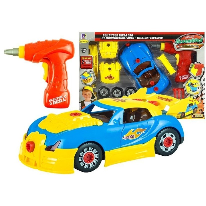 Set de constructie masinuta, LEAN TOYS, cu 30 de piese, efecte luminoase si sonore, 18x9x6cm