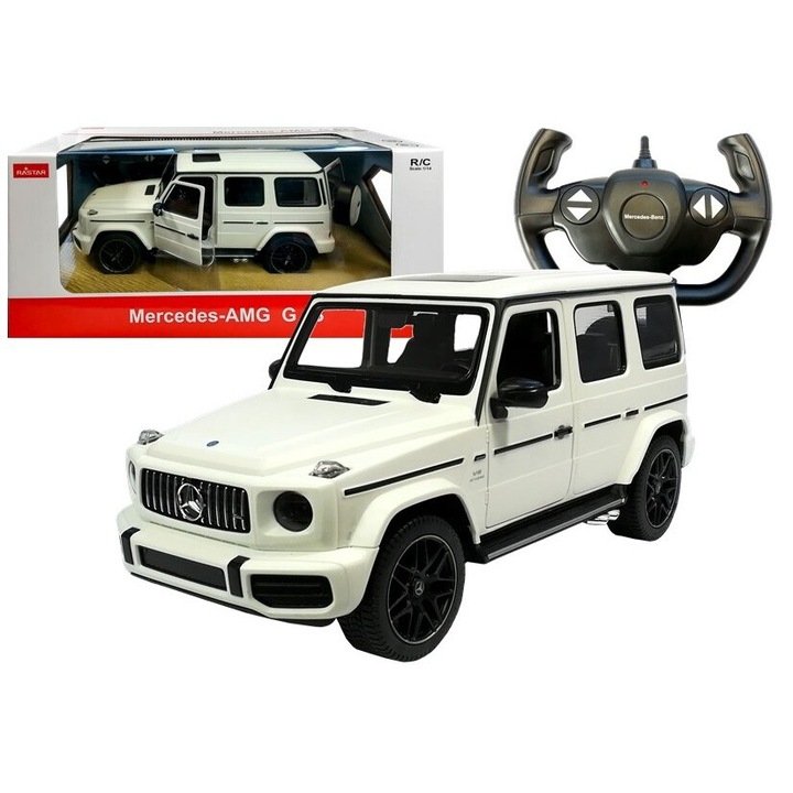 Masinuta R/C Mercedes G63, 1:14, alb, 31x13x13cm, cu lumini si usi deschise