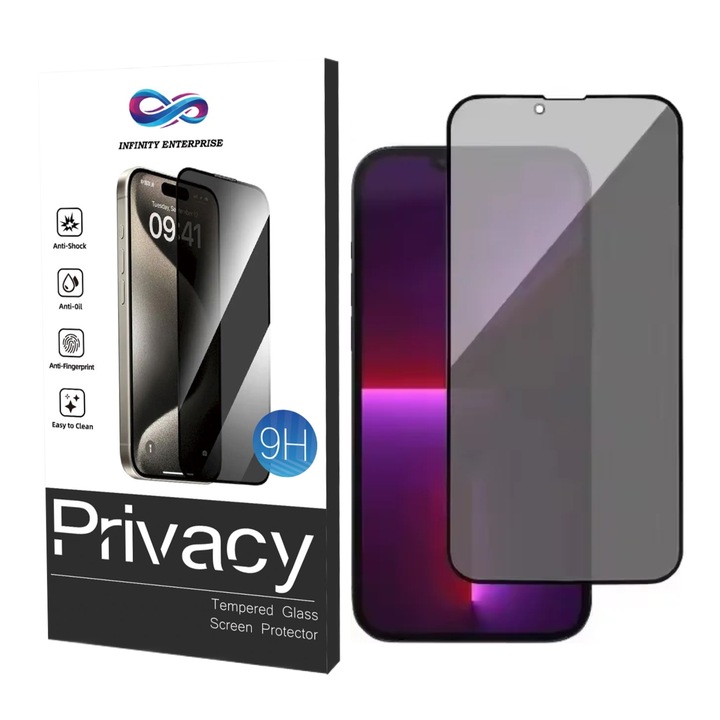 Privacy Infinity Enterprise edzett üvegfólia kijelzőhöz, kompatibilis az Apple iPhone 16 telefonnal, 9H védelem a telefon képernyőjéhez Elülső AntiShock, Rugalmas, Teljes ragasztás