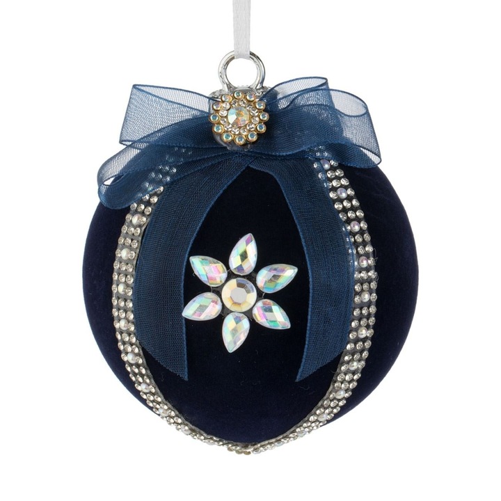 Ornament Brad de Craciun Shopiens® Glob Albastru Catifelat cu Strass, 8 cm