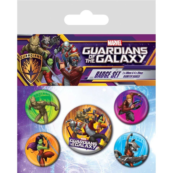 5 db kitűző, Guardians of the Galaxy, Marvel, 4x2,5cm és 1x3,8cm, többszínű, 10x12cm