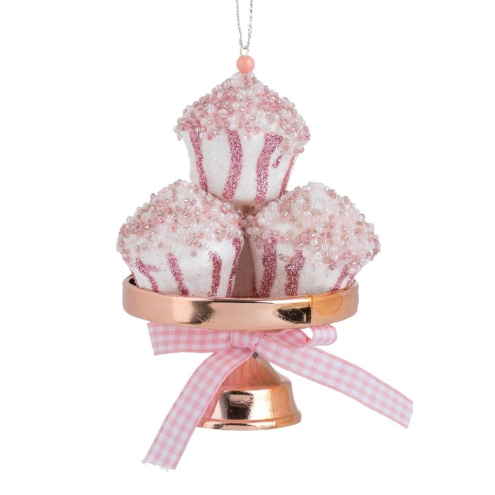 Ornament Brad de Craciun Shopiens® Cupcake Roz Auriu Glitter pe Platou, 13 cm